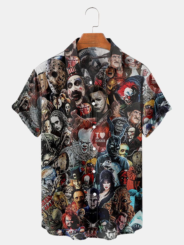 Men's Halloween Horror Characters Print Regular Sleeve Shirt Black / M