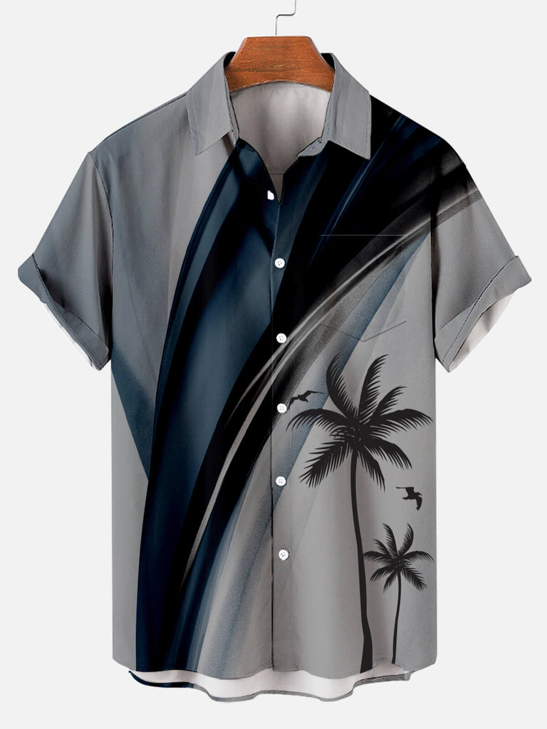 Mens Coconut Print Lapel Loose Short Sleeve Trendy Hawaiian Shirt Grey / M