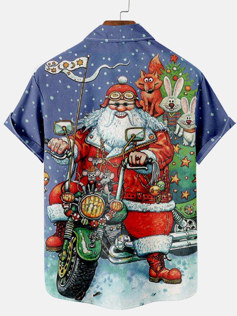 Christmas Motorcycle Santa Men's Short Sleeve Casual Shirt