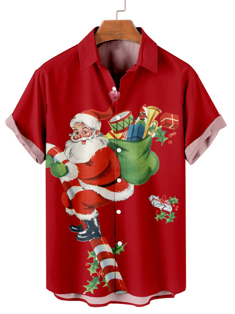 Christmas Santa Men's Short Sleeve Casual Shirt Red / M