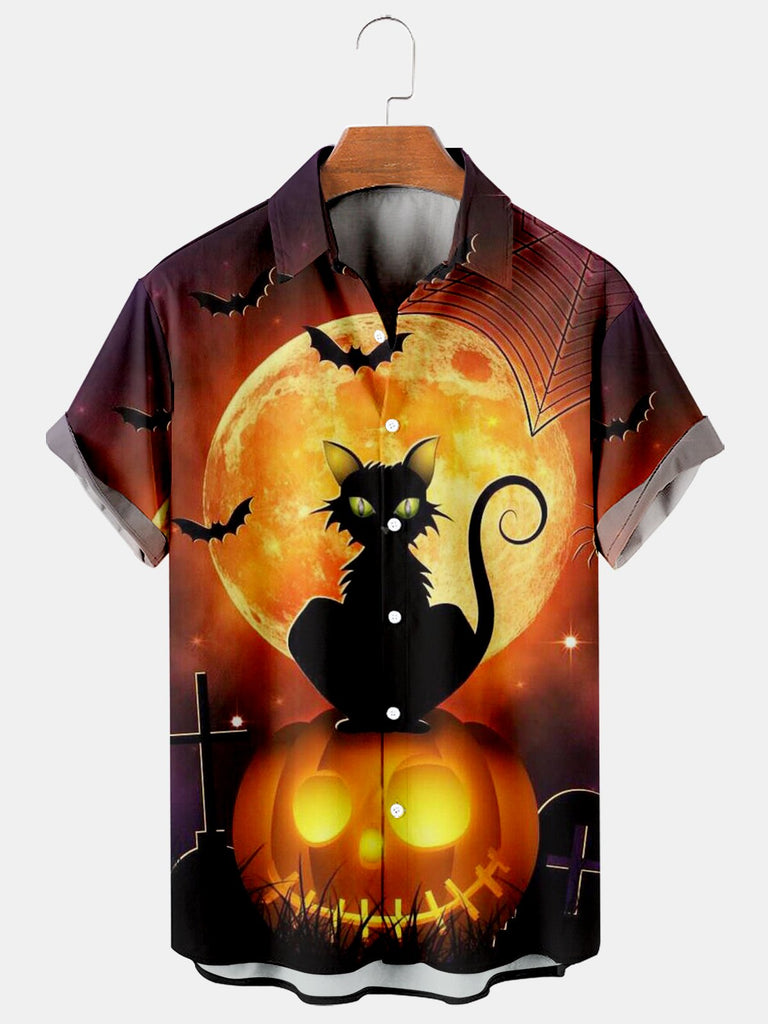 Halloween Black Cat Men's Plus Size Short-Sleeved Shirt Black / M