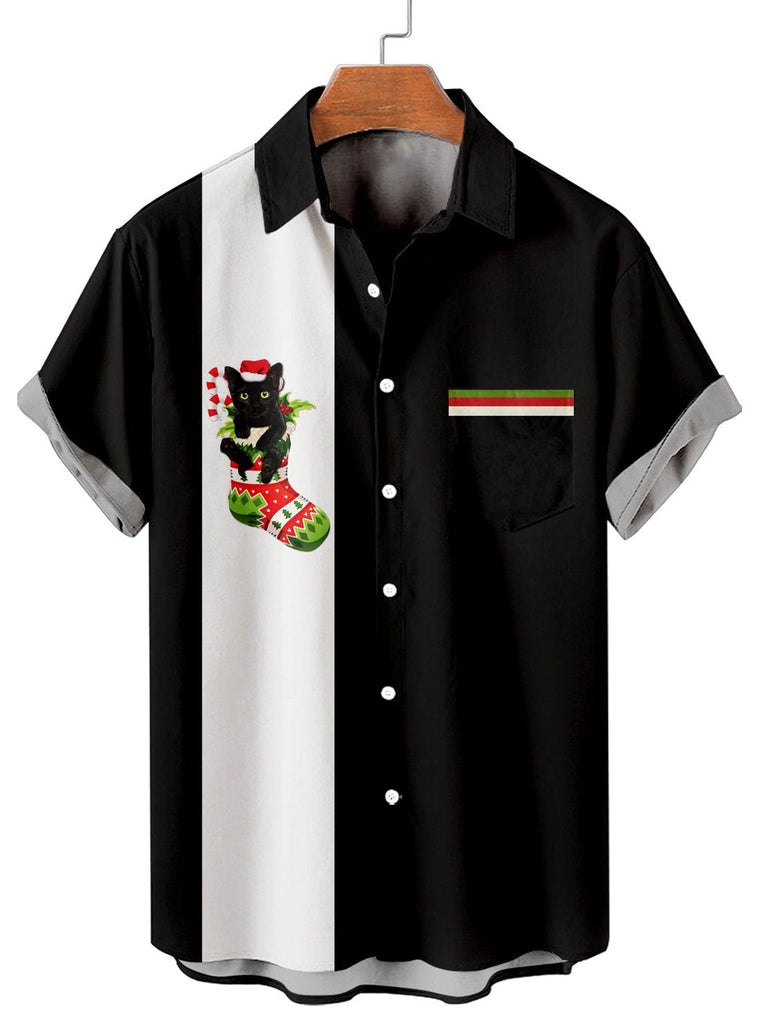 Christmas Black Cat Men's Short Sleeve Casual Shirt Black / M