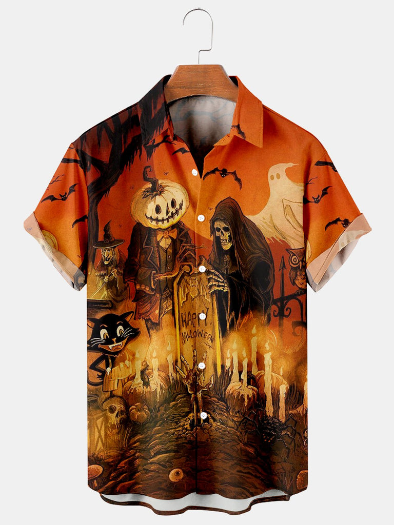 Halloween Casual Loose Men's Plus Size Short-Sleeved Shirt Orange / M