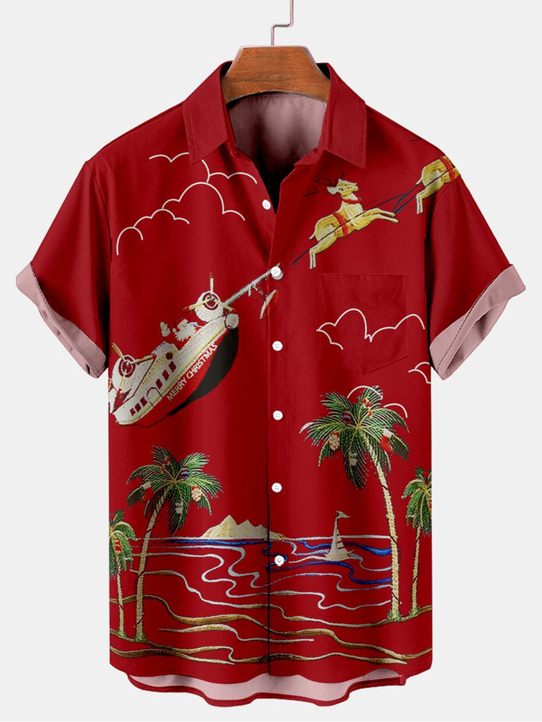 Christmas Spaceship Men's Short Sleeve Shirt Red / M