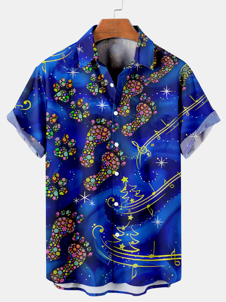 Christmas Colorful Footprint Men's Short Sleeve Casual Shirt Blue / M