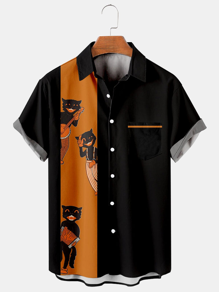 Halloween Music Cat Casual Loose Men's Plus Size Short-Sleeved Shirt Black / M