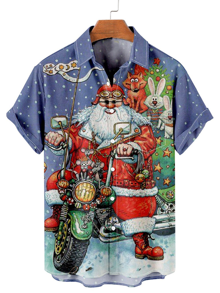 Christmas Motorcycle Santa Men's Short Sleeve Casual Shirt Blue / M