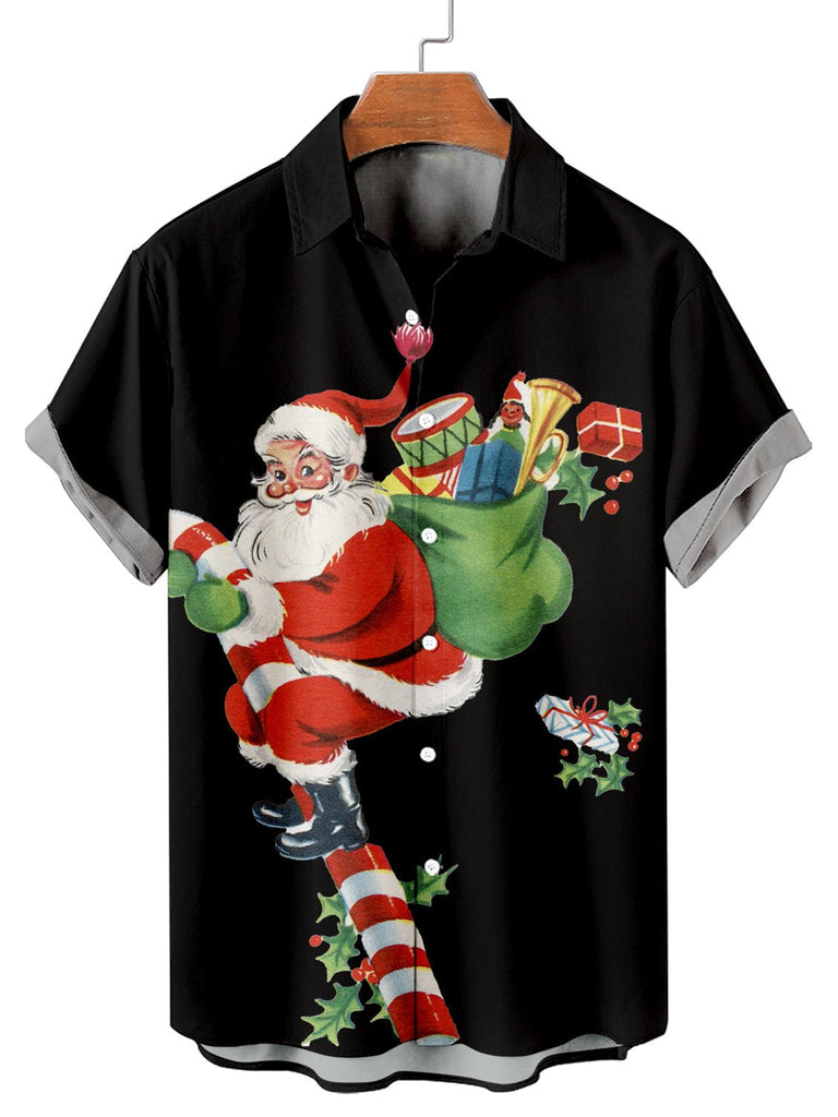 Christmas Santa Men's Short Sleeve Casual Shirt Black / M