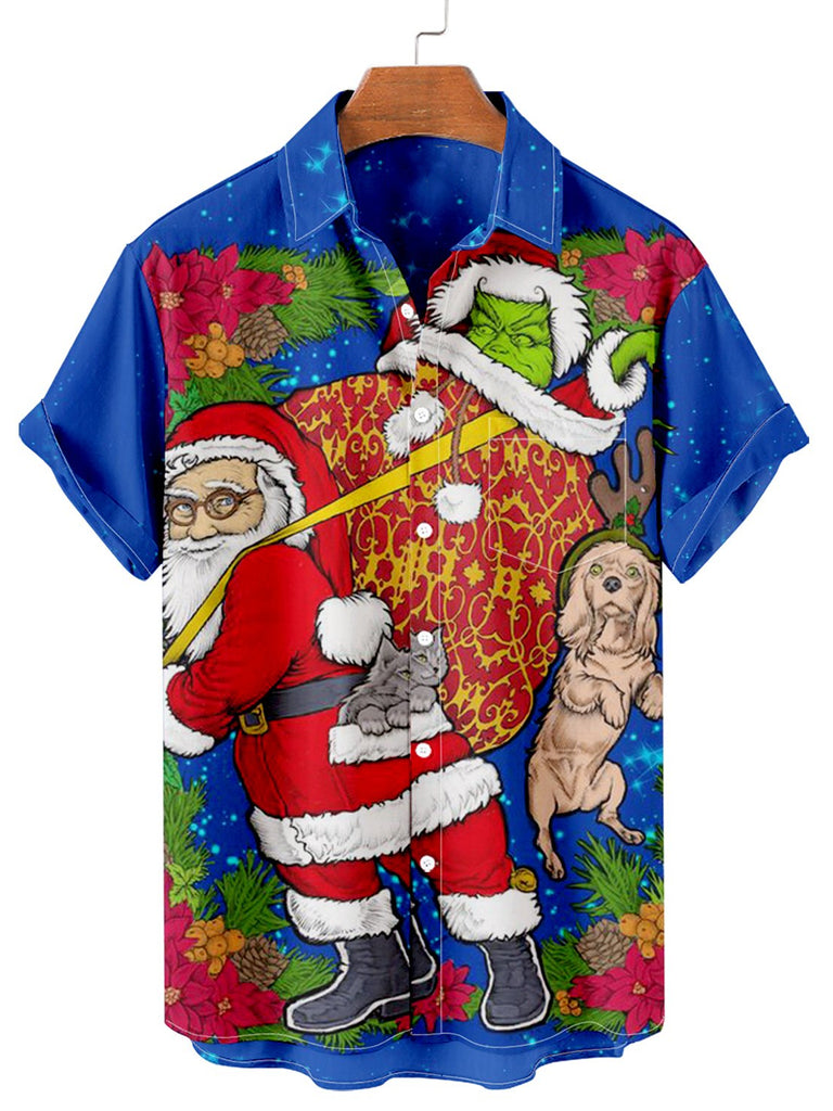 Christmas Santa Men's Short Sleeve Casual Shirt Blue / M