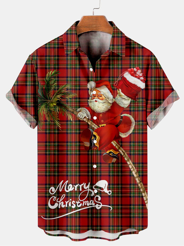 Merry Christmas Plaid Men's Short Sleeve Shirt Red / M