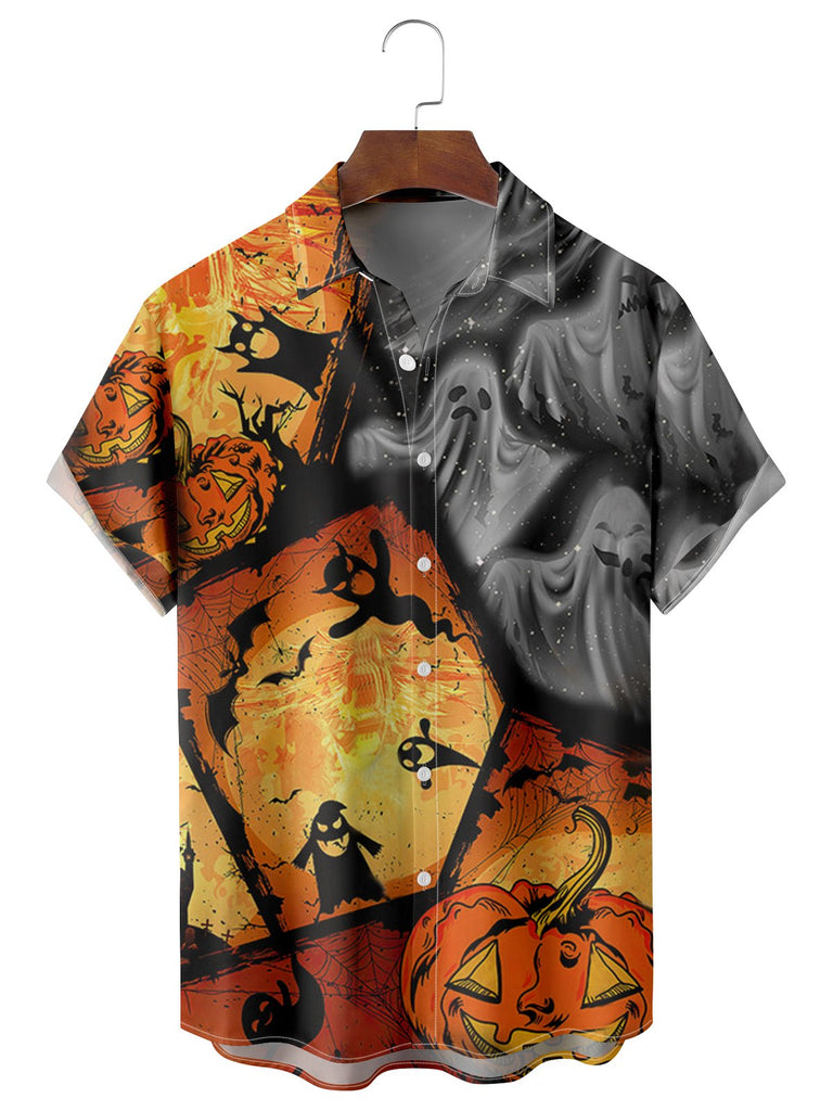 Men's Halloween Ghost Patchwork Print Casual Shirt Orange / M